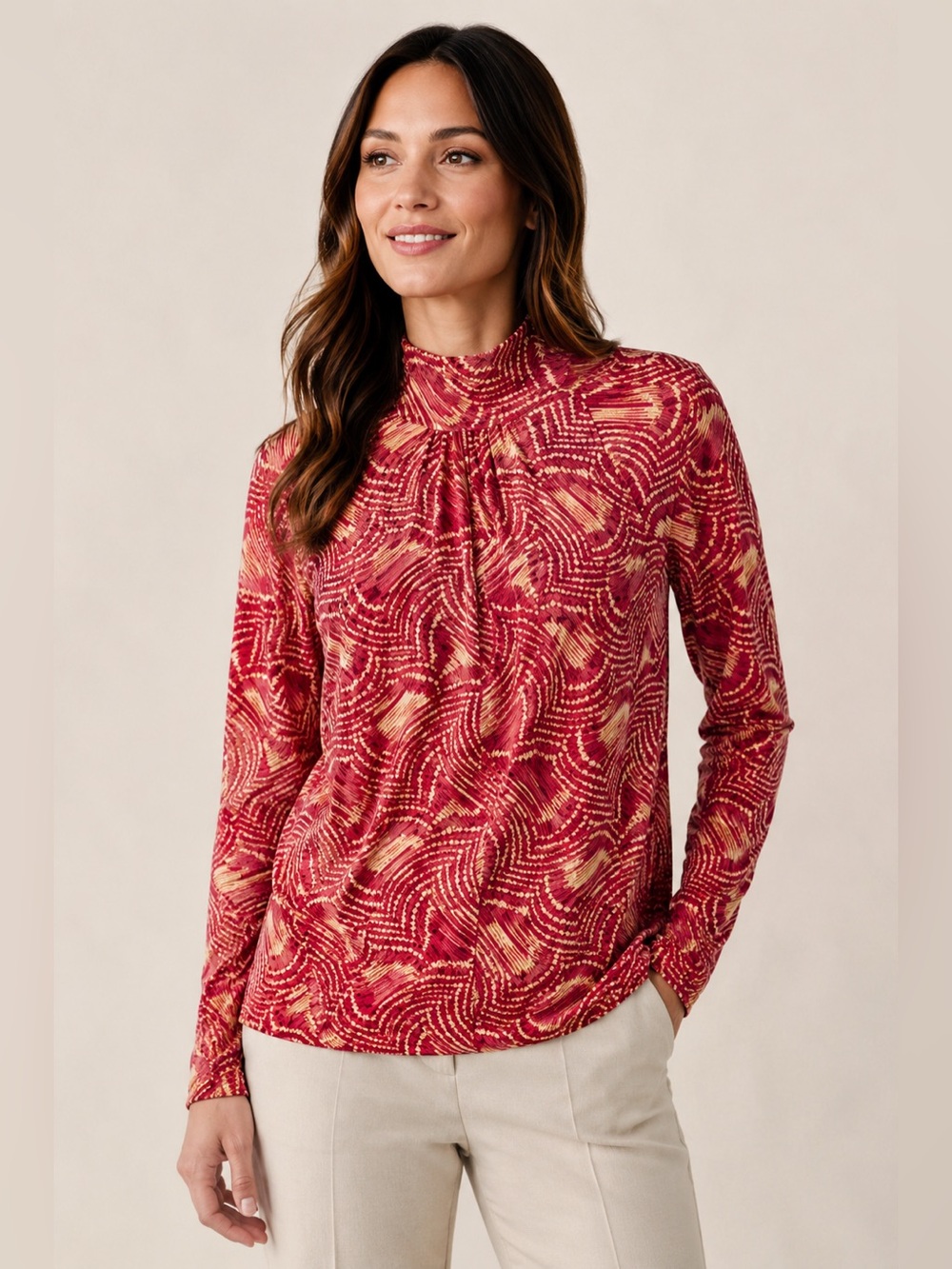 St. John Sport Abstract Long Sleeve Mock-Neck Top